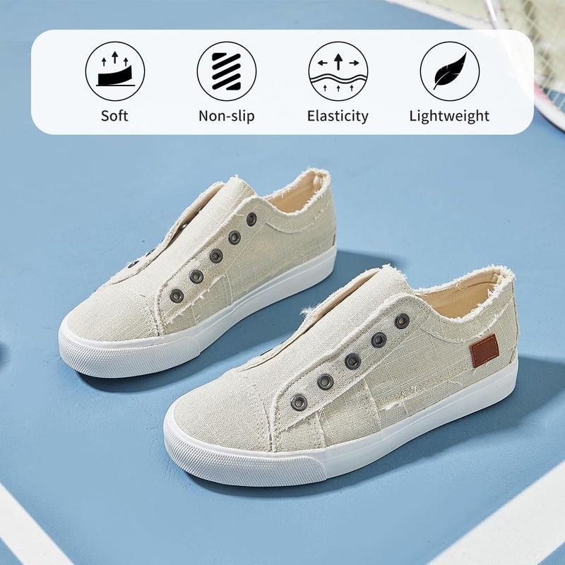 XRH Women's Slip on Shoes Non Slip Fashion Canvas Sneakers Low Top Casual Shoes(Beige,US6) - Image 2